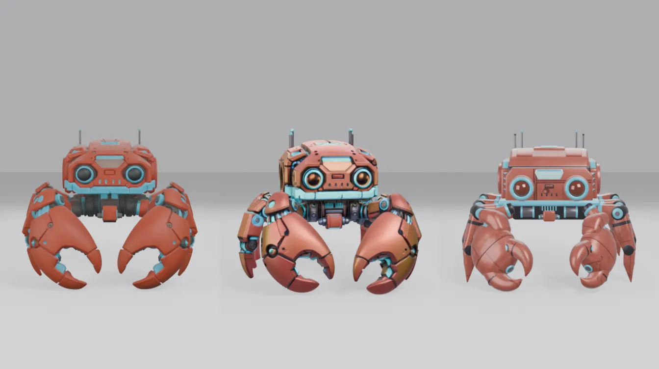 同じメカのカニの絵から作った3Dモデルを3つ並べた画像