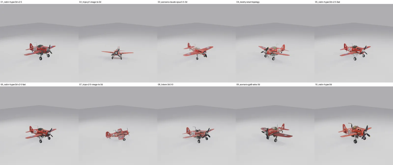 赤い複葉機の3Dモデル10点を同じ条件で撮り直した一覧